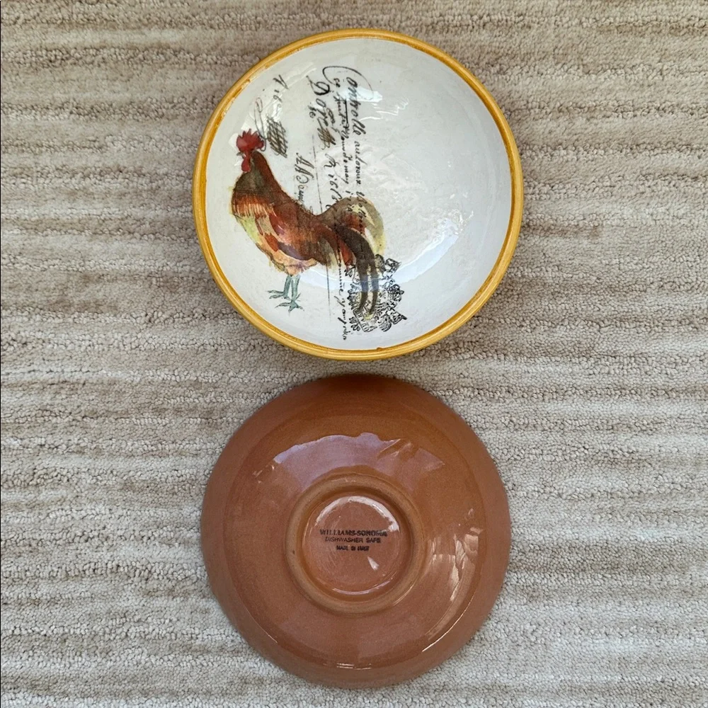 Set of 2 Williams Sonoma Rooster Script Individual Dipping Bowls Italy Farmhouse